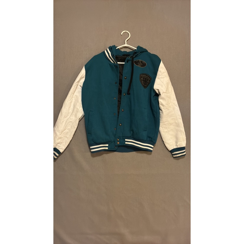 Sokool Knitwear Teal & White Letterman Hooded Varsity Jacket